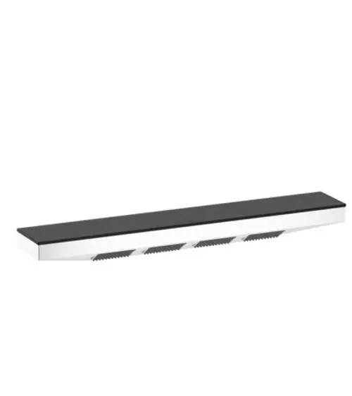 Schwarze Duschablage mit schmaler, gerillter Oberfläche und silbernem Rand. Produkt von Hansgrohe, geeignet zur Montage in Duschbereichen.